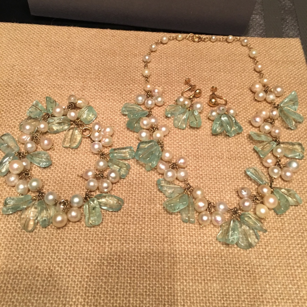 Vintage Natural Gold Plated Pearl Aquamarine Quartz Necklace Earrings Bracelet
